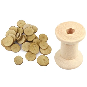 

30Pcs Wood Log Slices Discs 3-4Cm & 10Pcs Wooden Empty Thread Spools Natural Color 29Mm X23Mm