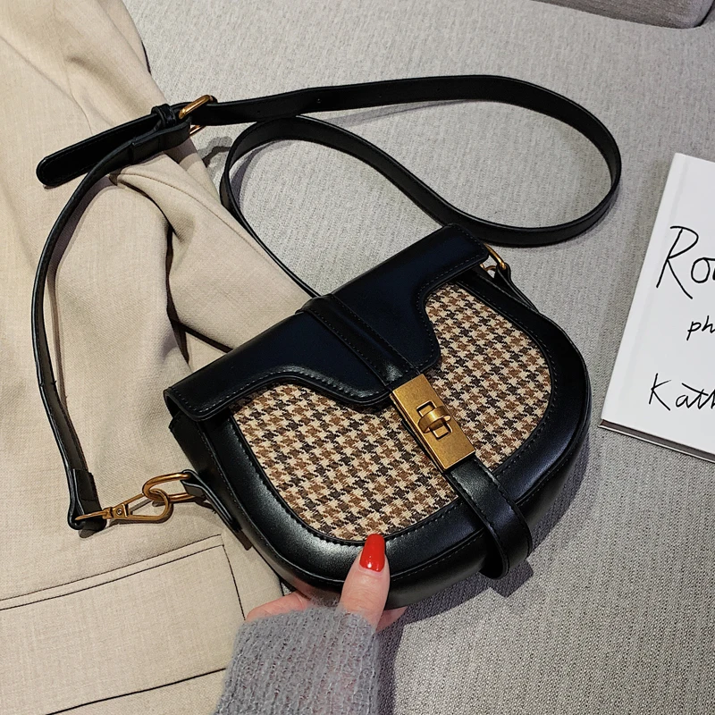 

Designer Vintage Houndstooth Pattern Saddle Bag Handbags Women Buckle Small Messenger Bags Ladies Flap Bags Retro Louis Brand Cc