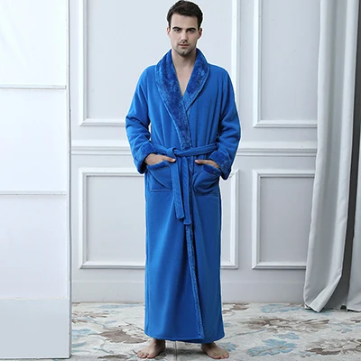 Зимний удлиненный теплый фланелевый банный халат для мужчин и женщин, роскошный термо халат, мужской халат с мягкой сеткой и мехом, мужские халаты - Цвет: Men Fur Dark Blue