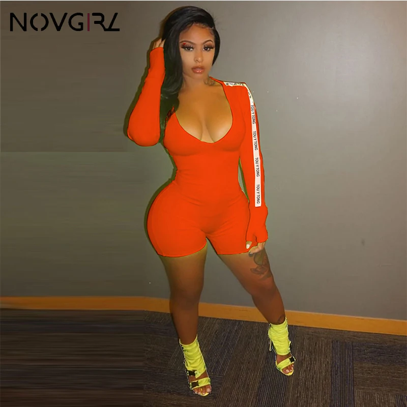Novgirl/женский Байкерский комбинезон с v-образным вырезом и буквенным принтом в стиле пэчворк, Облегающий комбинезон с длинным рукавом, Клубная одежда, неоновые комбинезоны