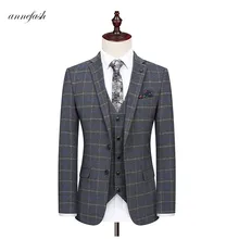 Шерстяной серый синий клетчатый твидовый мужской костюм на заказ Ретро мужской свадебный Блейзер 3 шт