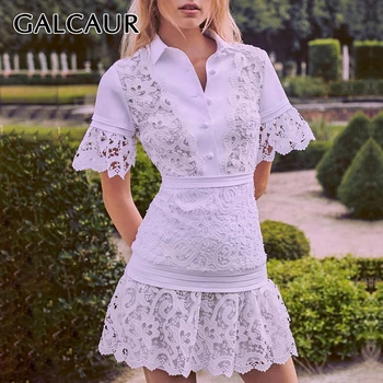 

GALCAUR Patchwork Lace Dress Female Lapel Collar Short Sleeve High Waist Ruched Hollow Out Mini Dresses Women 2020 New Clothing