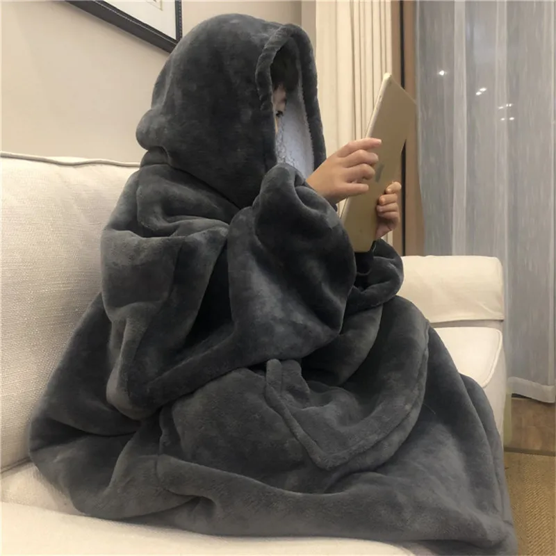 Hooded Blanket Pocket Sofa Coral Fleece Warm Thick Beds Travel Flannel Winter Home TV