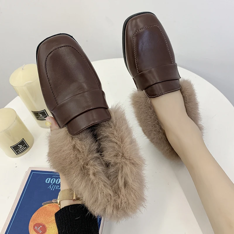 winter warm long plush small leather shoes brown/matte/patent leather square toe slip-on moccasins British student/OL work shoes
