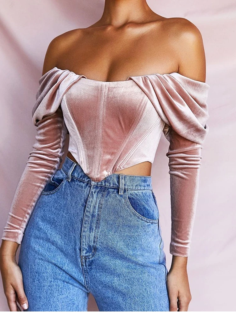 NewAsia Boning Corset Shirt Velvet Blouse Women Autumn Vintage Long Sleeve Ruched Off Shoulder Corset Tops Ladies Sexy Shirt New