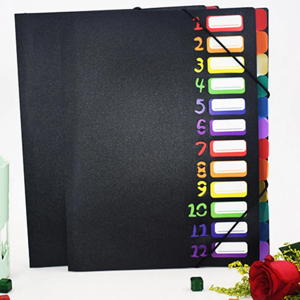 Black A4 12 Pages File Folders Rainbow Document Holder Organizer with Slash Pockets PP Material New Arrival - Цвет: Black