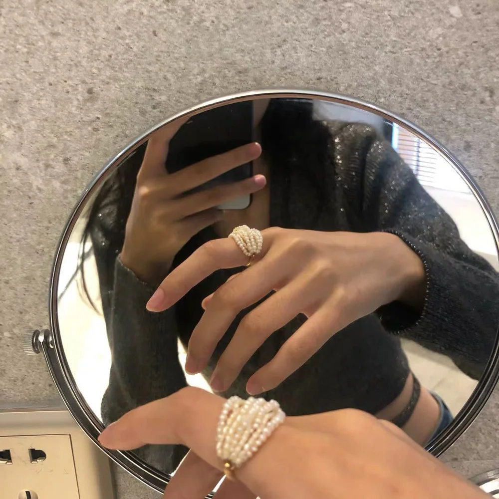 Retro Multilayer Natural Freshwater Pearl Rings Metal Geometric Bead Ring for Women Girls Party Jewelry Gift
