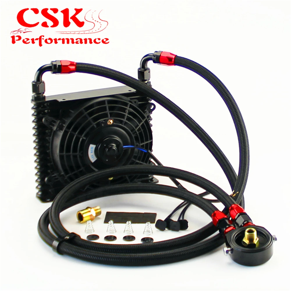Best Price Universal 15 Row AN10 32mm Oil Cooler Kit +7\ Electric Fan For track / race car Black