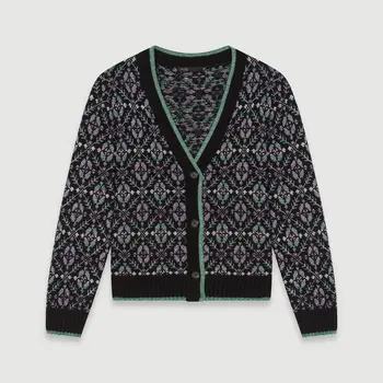 

Women Sweater 2019 Autumn and Winter New Bright Silk Contrast Color Piping V-neck Jacquard Knit Cardigan Coat