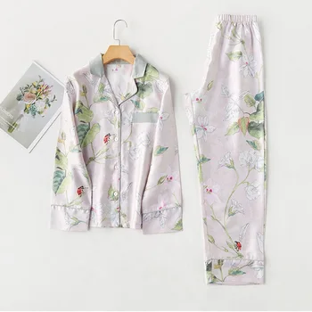 

Elegant Pajamas For Women Tencel Lessell Two Pcs Sleepwear Summer Sleepwear Print Lapel Sets Pyjamas Long Sleeve Home Clothes