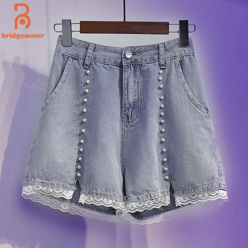 

Bridgewater Summer Beads Lace Denim Shorts Women High Waist Jeans Baggy Korean Fashion Pants Large Size Harajuku Streetwear