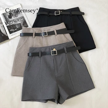 

CamKemsey Korean Solid Leisure Suit Shorts Women 2020 Spring Casual High Waist Wide Leg Shorts With Sashes