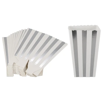 

New-12pcs Popcorn Boxes Bags Kids Party Treat Boxes Wedding Birthday Decorations Vertical Striped silver