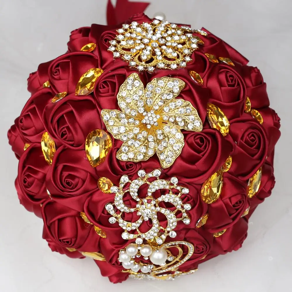 WIFELAI-A, различные стили, атласная роза, свадебный букет, ручная работа Брошь со стразами, подружка невесты, кристалл, свадебный букет, свадебный букет - Цвет: 21cm Dark Red -W227Q