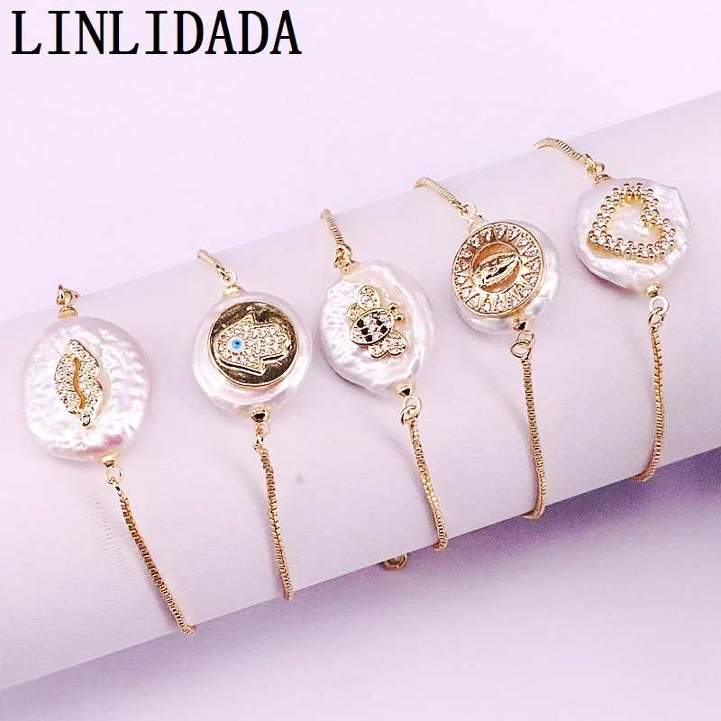 8Pcs New Cubic Zirconia Micro Pave Charm Round Freshwater Pearl Connector Bead Link Bracelet For Women Girl