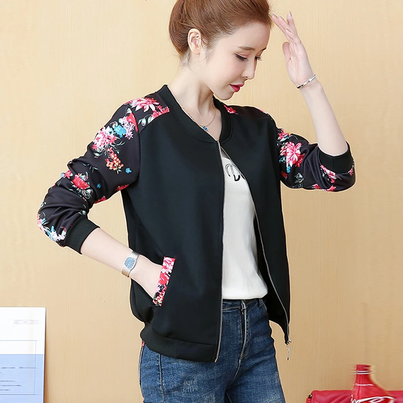 Basic Jacket Spring Coats Women Flower-Print Bomber Long-Sleeve Fashion Casual Slim