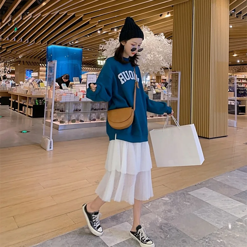 

Photo Shoot CHIC Lettered Pullover Hoody Skirt Women's Contrast Color Gauze Flounced Joint Mock Two-Piece Long-sleeved Dress