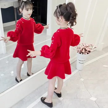 

New 5-10 year old girl autumn solid color mink cashmere suit sweater + dress round neck fashion warm girl fashion two-piece suit