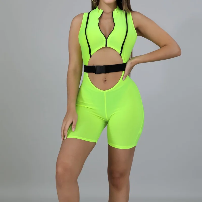 

Sexy Fitness Hollow Out Short Playsuit Women Summer Front Zip Sleeveless Casual Jumpsuit Neon Green Pink One Piece Femme Overall