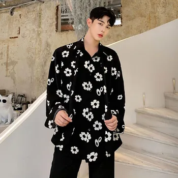 

Homens Do Vintage Da Moda Gravata Bow Collar Manga Comprida Soltas Casual Floral Camisas Masculino Streetwear Hip Hop Camisas de