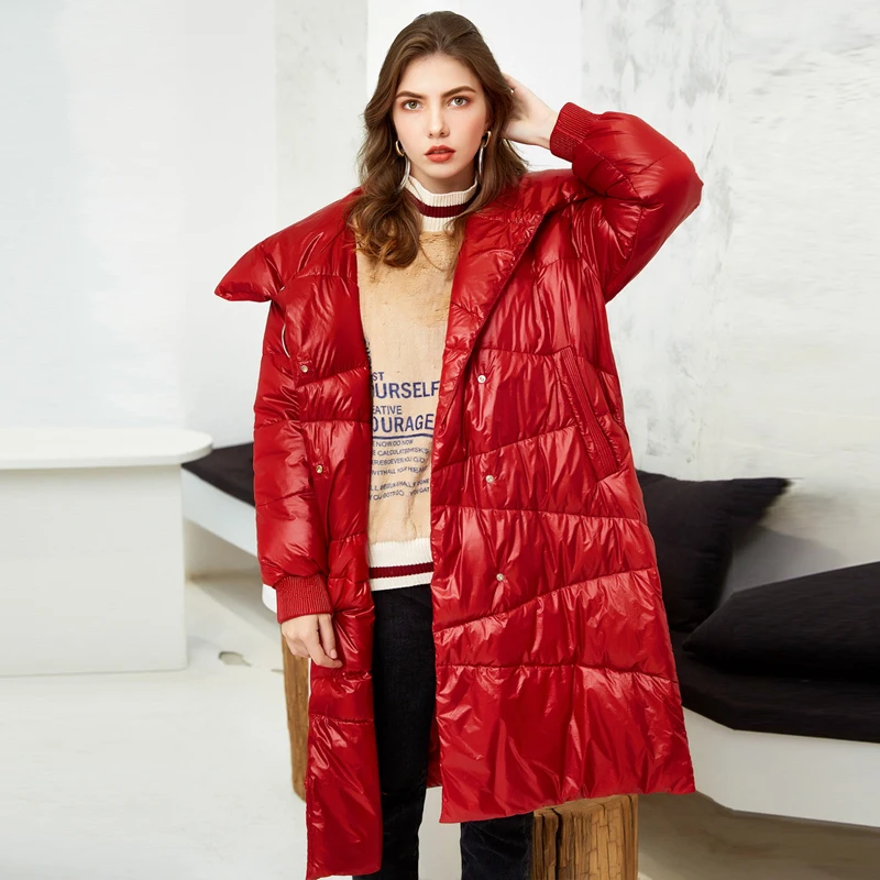 Зима красный женский длинный пуховик СВОБОДНЫЙ Модный легкий женский пуховик отложным воротником пальто Теплый YNZZU 9O028