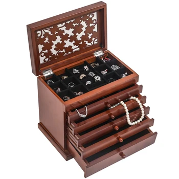 

Large Jewelry Organizer Wooden Storage Box 6 Layers Case with 5 Drawers Brown Bracelet Necklace Earrings Storage Drawer