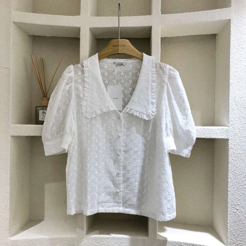 Chemisier élégant à Manches Longues avec Bordure en Dentelle pour Femme, Blanc, Taille XL
