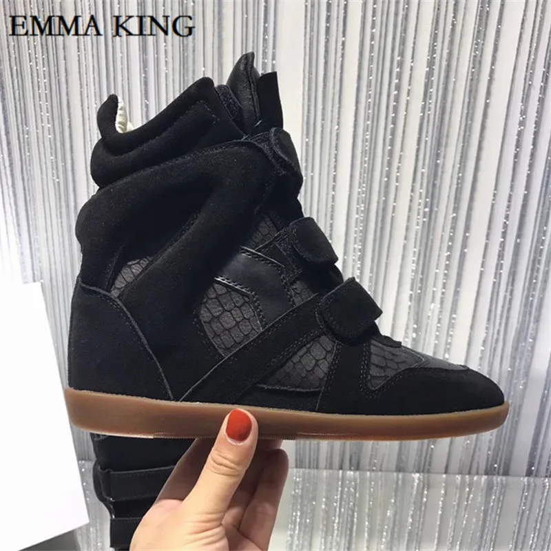 Autumn and winter Newest Fashion Designer Women Hook Loop Sneakers 8cm Invisible Inside Heighten Women Leather Ankle Boots - Цвет: Black snake