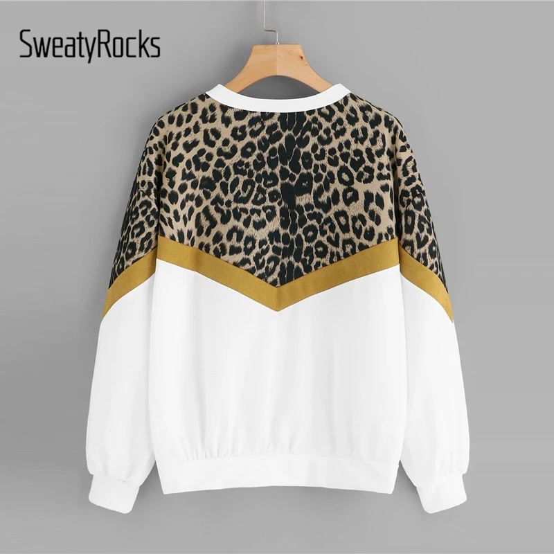  SweatyRocks Leopard Panel Drop Shoulder Sweatshirt Long Sleeve O-Neck Pullover Tops 2018 Fashion Au