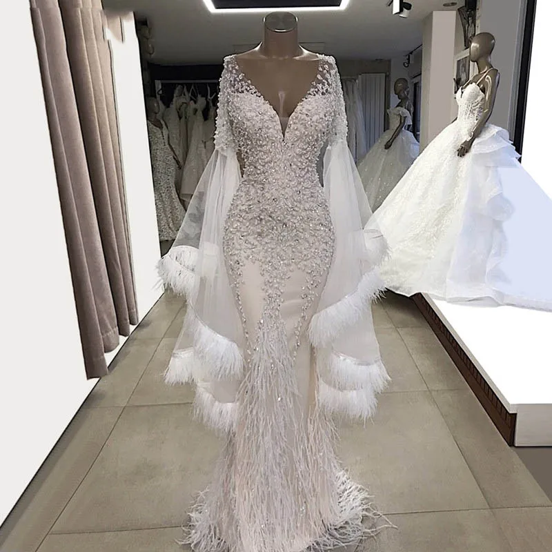 Wit Wendding Jurken Veer Lange Mouwen Mermaid Bruid Partij Jassen 2019 Couture V-hals Tulle Kralen Kristallen Prom Dresses Wit Wendding Jurken Veer Lange Mouwen Mermaid Bruid Partij Jassen 2019 Couture V-hals Tulle Kralen Kristallen Prom Dresses