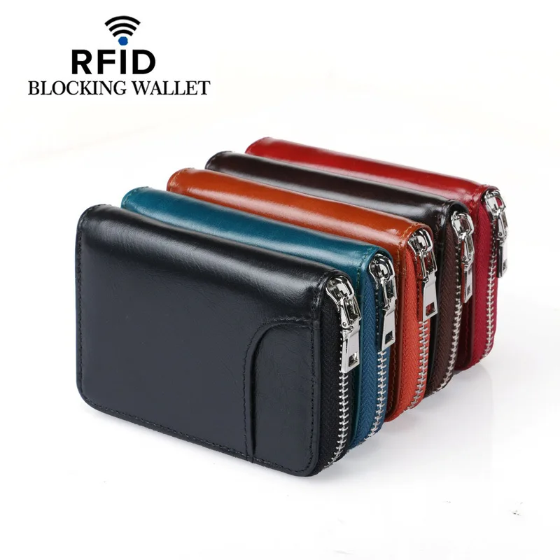 Real pickup bag short First layer leather anti-theft brush multi credit card zipper bag