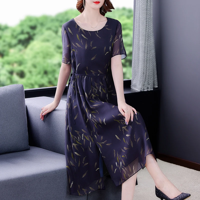 

2024 Vintage Casual Natural Silk Prom Dress Summer Print Chiffon Beach Midi Dress Women Elegant Bodycon Party Evening Vestidos