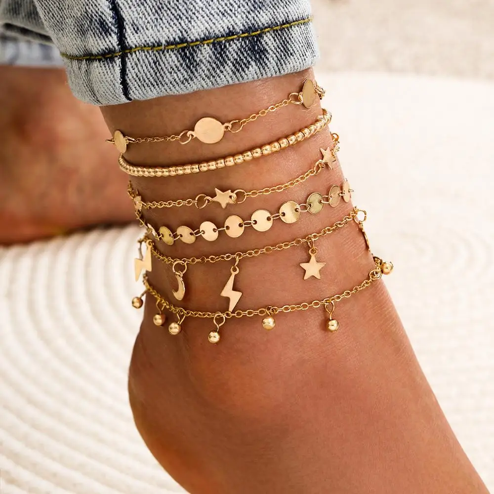 DIEZI 6 Style Vintage Bohemian Gold Color Chain Anklets Women Girls Key Heart Butterfly Leg Ankle Anklet Bracelet Beach Jewelry 4