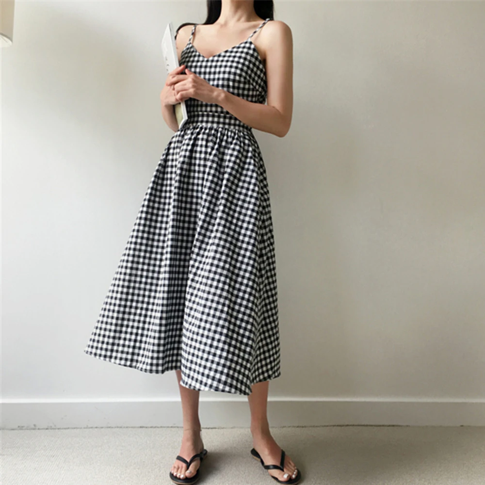 

New Women Summer Plaid Dresses V-Neck Sleeveless Bow Pleated dresses Casual Lace Up Cotton and Linen Long Dress CF035