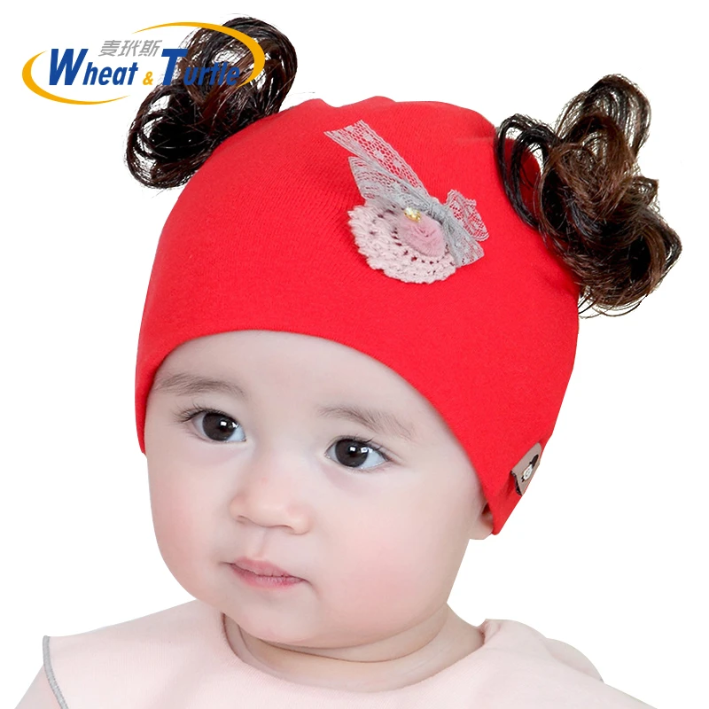 Baby Hat Artificial Fake Hair Baby Boy Cap Cotton Printing Pompom Bobble Hat  For Girls Winter Children Hats Caps - Kids Hats & Caps - AliExpress