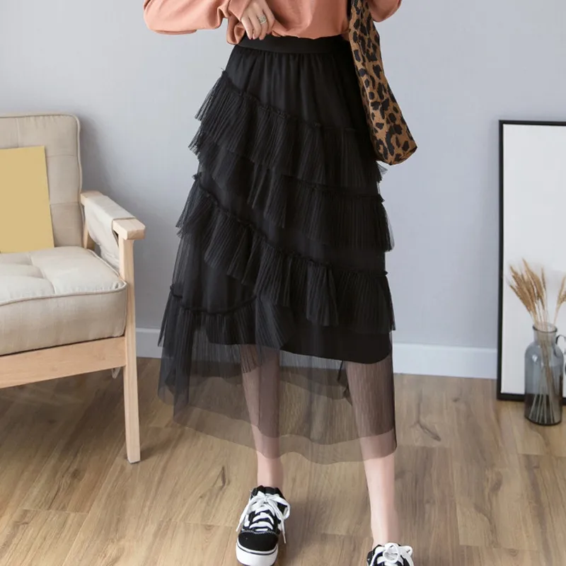 Black Skirt Women RICININA, сетчатая юбка, женская, высокая талия, асимметричная, с оборками, шикарная, нарядная, осенняя, Женская юбка, макси, повседневная, Jupe Femme Mi Longue - Цвет: Black Skirt Women