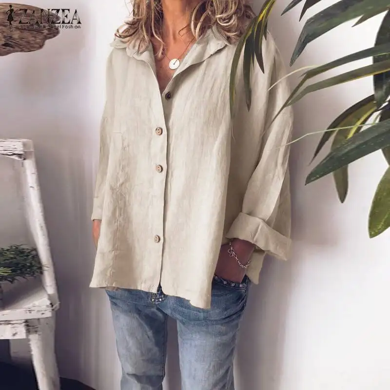 Cena Plus Size kobiety bluzka jesień z długim rękawem stałe tunikowe bluzki ZANZEA moda Lapel Neck przyciski koszula Femininas bawełna pościel Blusas