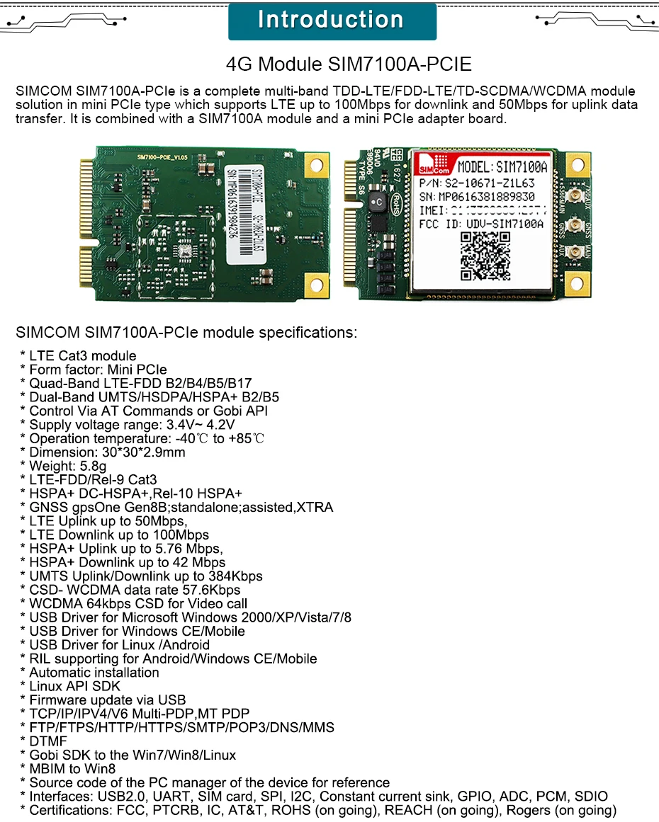 SIM7100A модуль PCIe B2/B4/B5/B17 4g мини pci модуль с LTE-FDD, SIM7100A-PCIE 4G модуль