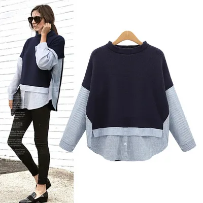 

2018 New Style Plus-sized WOMEN'S Dress Fat Mm Loose-Fit Contrast Color Joint Long-sleeved Upper Garment