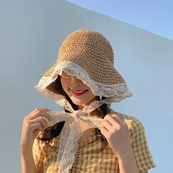

Hat Female Korean Version of The Tide Weave Straw Hat Lace Small Fresh Foldable Sun Hat Sunscreen Shade Travel Beach Summer