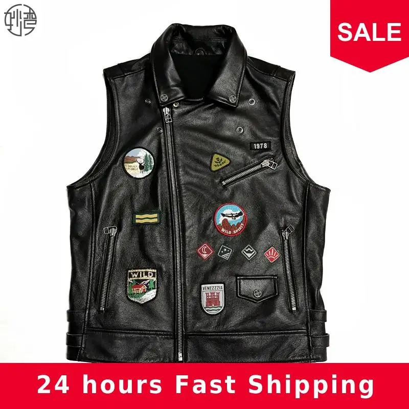 

2020 Black Men Slim Fit Motorcycle Leather Vest Plus Size XXXXL Genuine Cowhide Autumn Biker's Leather Vest