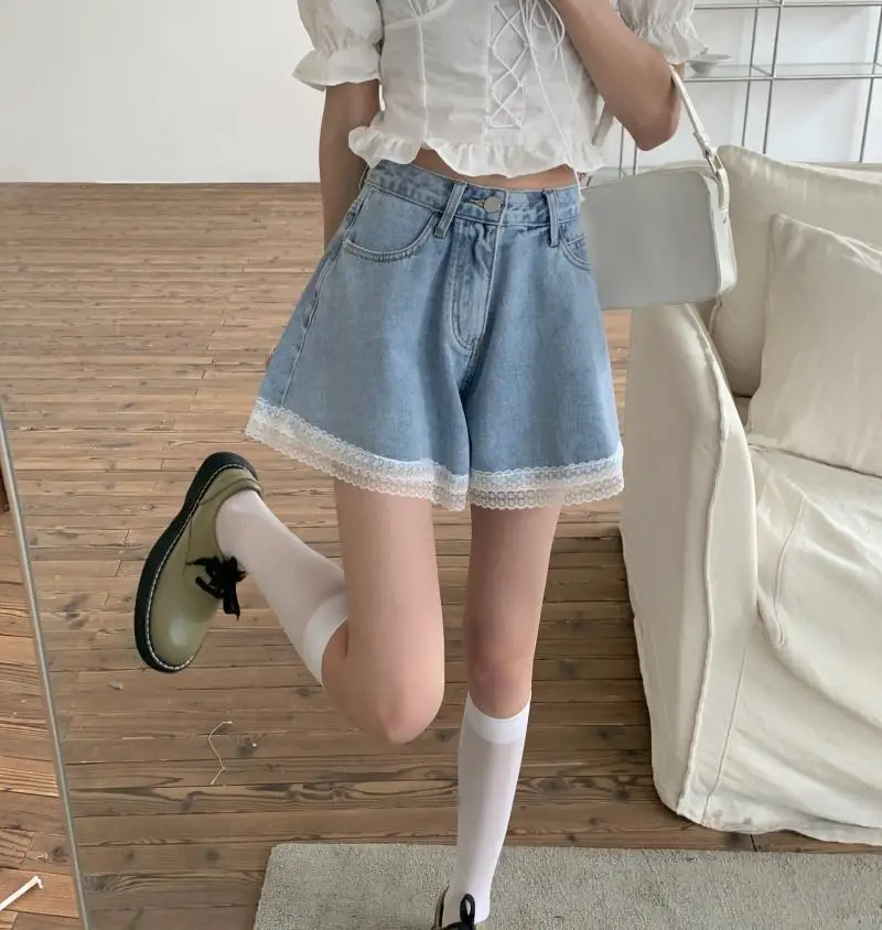 Women Summer Kawaii Sexy Blue Shorts 2021 Cute Girls Fashion All-Match Casual Solid Color Denim Lace Shorts yoga shorts