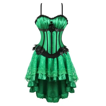 

Sexy Girl's Green Corset Dress Gothic Lace Overbust Corset Skirt Cosplay Costume Nightclub Exotic Lace Corsets Dress Plus Size