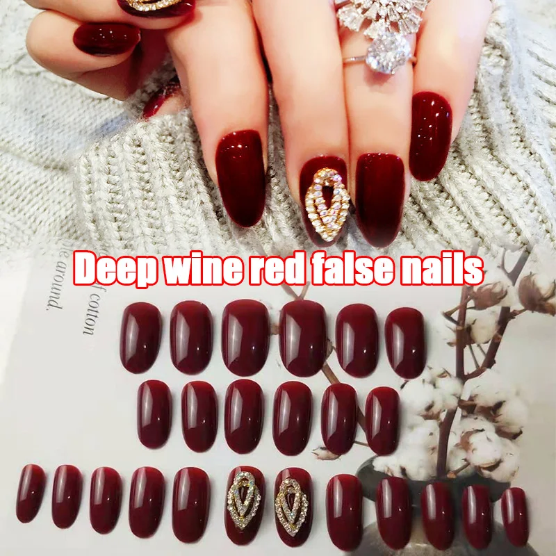 High Quality Fashion 24pcs Faux Nail 3D Wine Red Diamond Wedding False Fake Bridal Nails Care MSI-19 | Красота и здоровье
