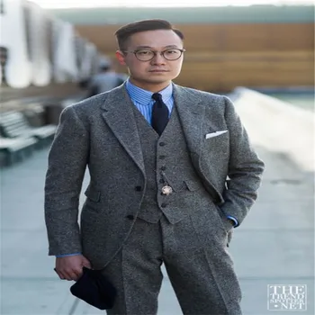 

2020 Latest Coat Pant Designs Grey Tweed Men Suit Jacket Slim Fit Skinny 3 Piece Tuxedo Custom Style Suits Groom Blazer Vestidos