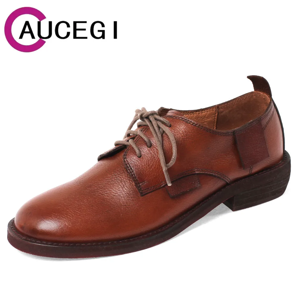 

Aucegi New Spring Designers Women Single Shoes Low Chunky Heeled Genuine Cow Leather Round Toe Fashion Cross Tied Pumps Brown