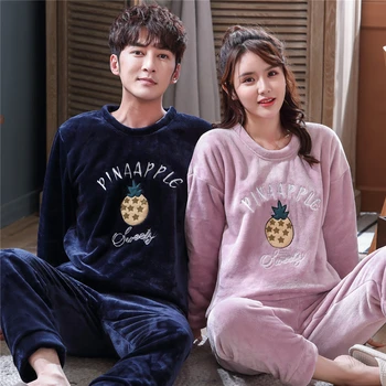 

Korean Autumn Winter Women Thicken Coral Fleece Couple Pajamas Set Pyjamas Fruit Patterned Home Service Plus Size Pijama Mujer