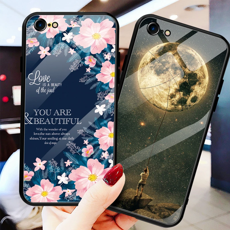 Luxury Tempered Glass Case For iPhone X XS Max XR 8 7 6S 6 S Plus Cute Owl Leaves Gradient Pattern Cover TPU Bumper Phone Cases |