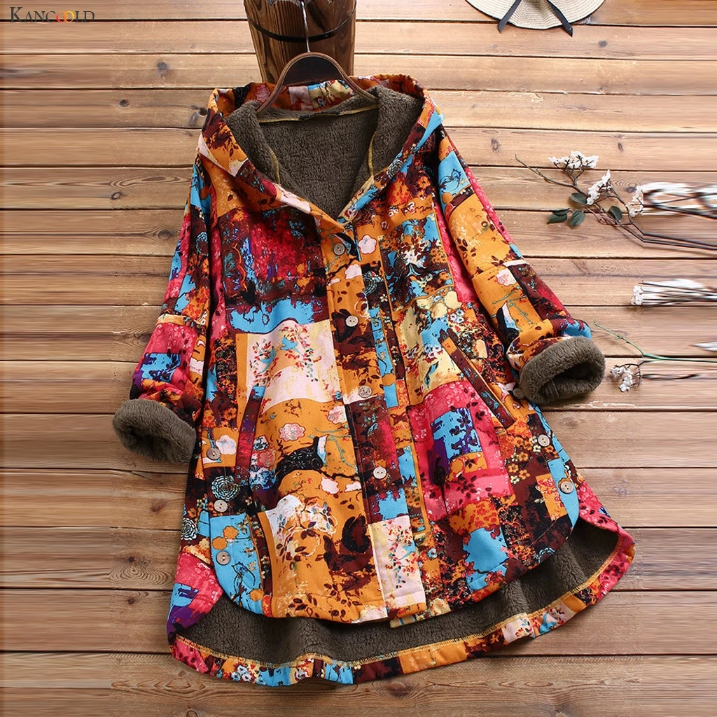 

KANCOOLD coats Women Vintage Printed Asymmetrical Button Plus Size Hooded Overcoat fashion new coats and jackets women 2019Oct10