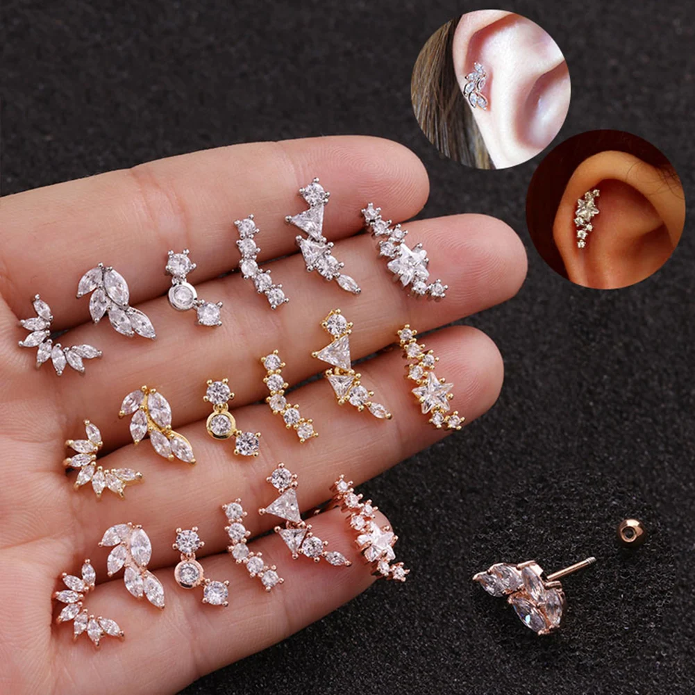 

Cross Heart Flower Crown Cz Ear Studs Helix Piercing Cartilage Earring Conch Rook Tragus Stud Back Piercing Jewelry Gifts